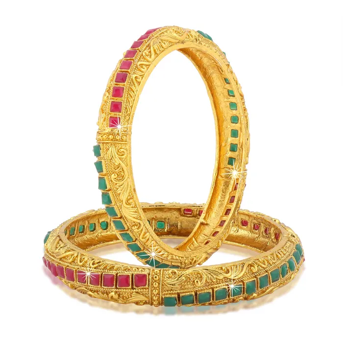 Yellow Chimes Earrings Yellow Chimes Classic Design Studded Stones 2 PCs Traditional Gold Plated Bracelet Bangles Set for Women and Girls 24
