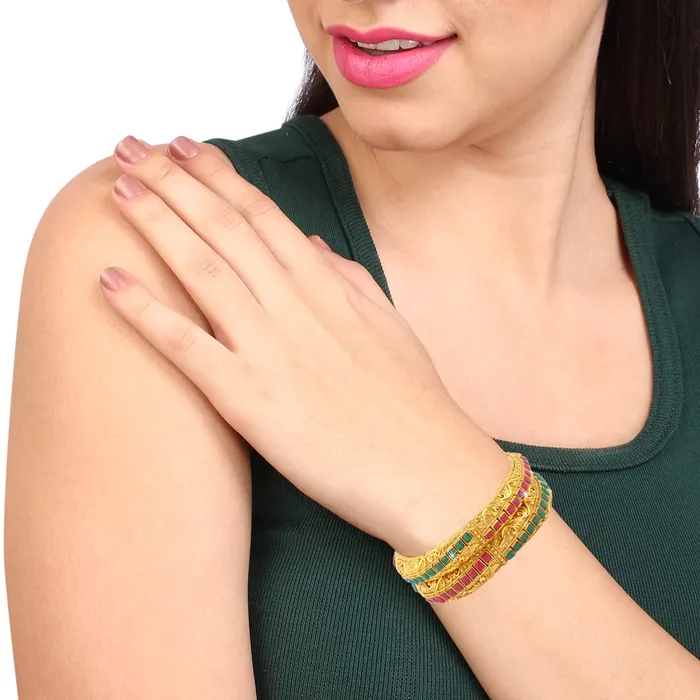 Yellow Chimes Earrings Yellow Chimes Classic Design Studded Stones 2 PCs Traditional Gold Plated Bracelet Bangles Set for Women and Girls 24