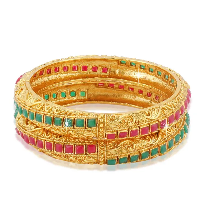 Yellow Chimes Earrings Yellow Chimes Classic Design Studded Stones 2 PCs Traditional Gold Plated Bracelet Bangles Set for Women and Girls 24
