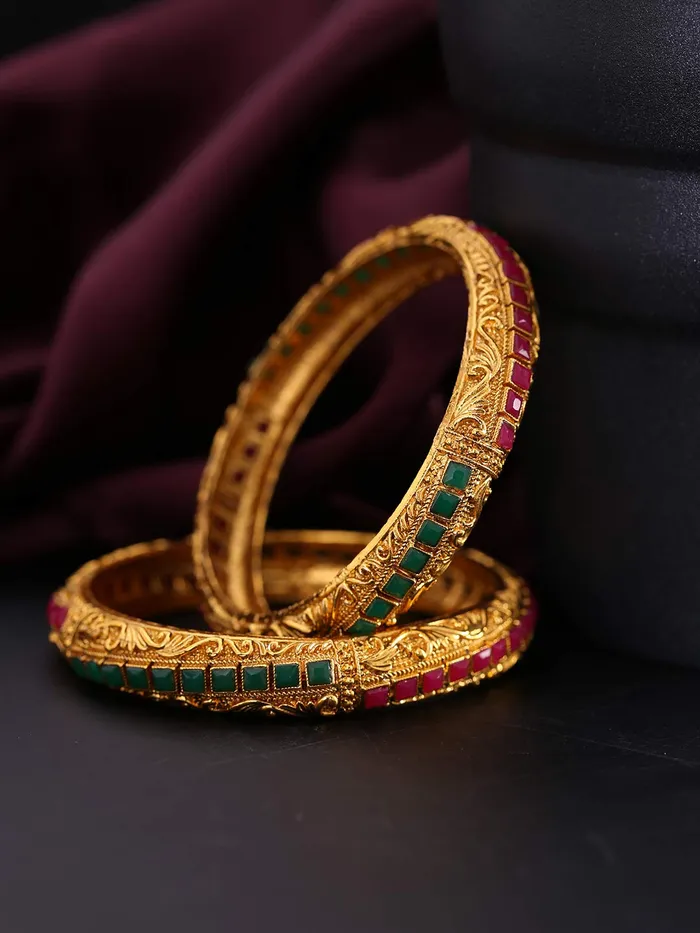Yellow Chimes Earrings Yellow Chimes Classic Design Studded Stones 2 PCs Traditional Gold Plated Bracelet Bangles Set for Women and Girls 24