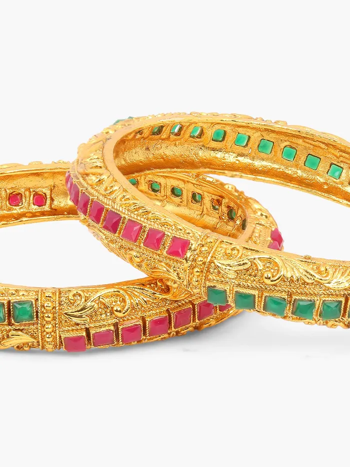 Yellow Chimes Earrings Yellow Chimes Classic Design Studded Stones 2 PCs Traditional Gold Plated Bracelet Bangles Set for Women and Girls 24