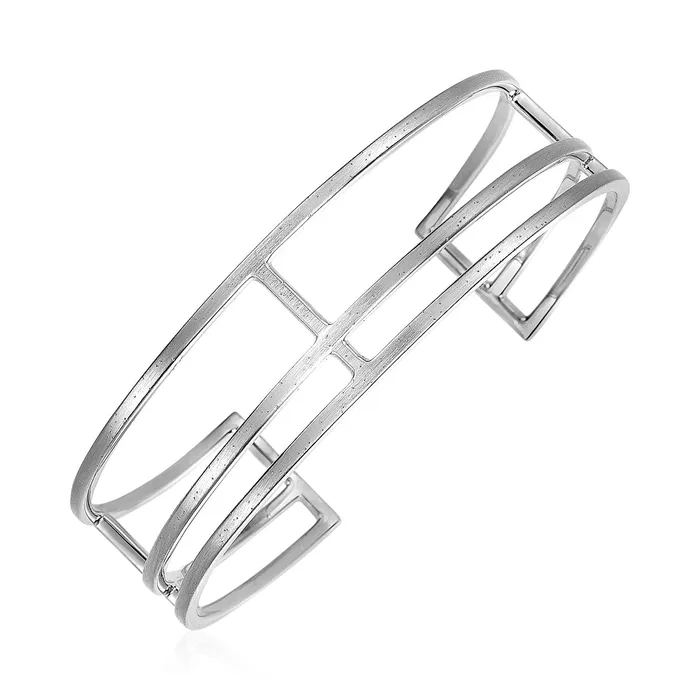 MayaMila Bracelets Textured Open Rectangle Motif Cuff Bangle in Sterling Silver MayaMila Bracelets Textured Open Rectangle Motif Cuff Bangle in Sterling Silver