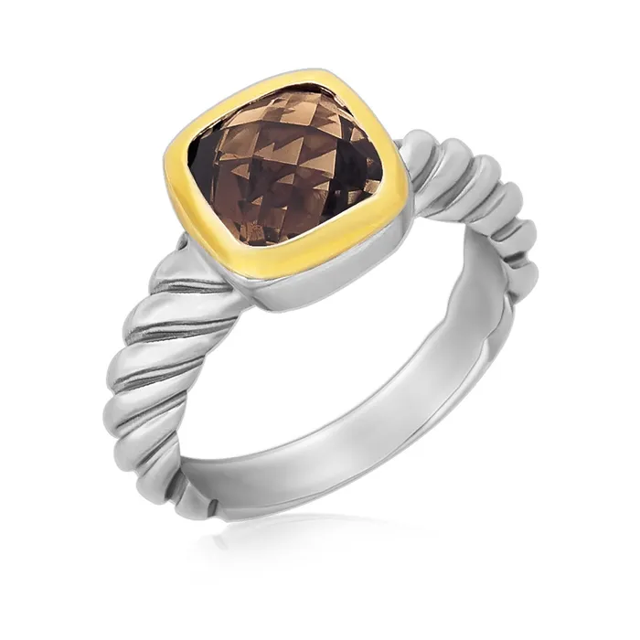 Rings 18k Yellow Gold and Sterling Silver Cable Style Cushion Smokey Topaz Ring MayaMila Rings 18k Yellow Gold and Sterling Silver Cable Style Cushion Smokey Topaz Ring MayaMila