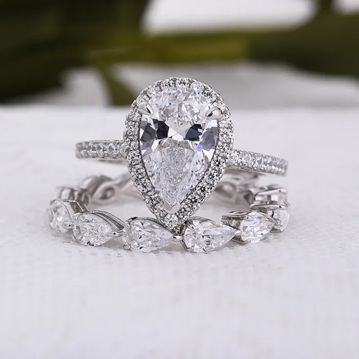 Rings Shineofdiamond Halo Pear Cut Eternity 925 Sterling Silver Bridal Set