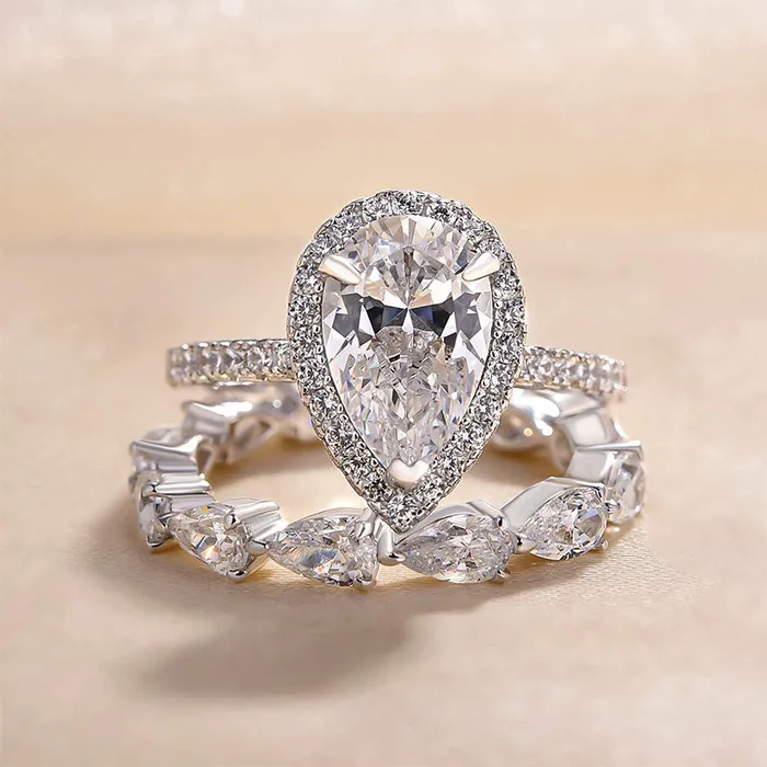 Rings Shineofdiamond Halo Pear Cut Eternity 925 Sterling Silver Bridal Set