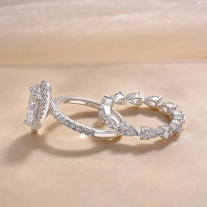 Rings Shineofdiamond Halo Pear Cut Eternity 925 Sterling Silver Bridal Set