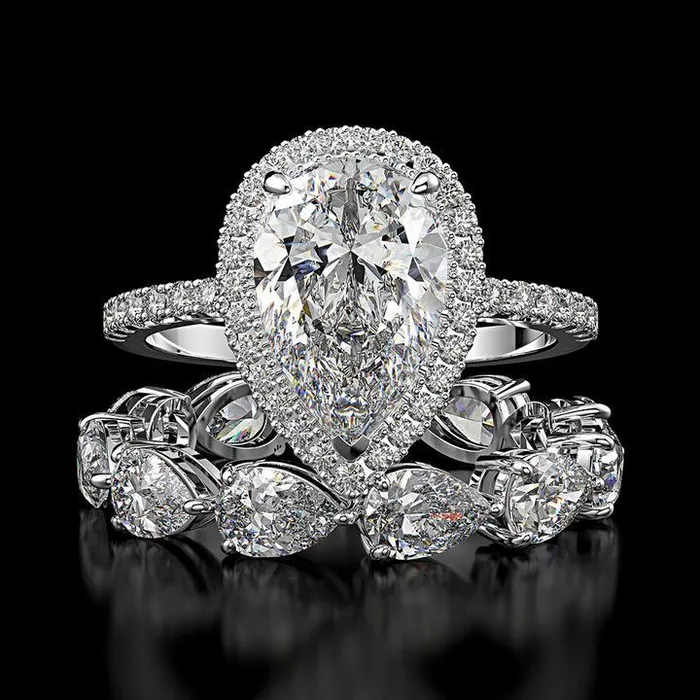 Rings Shineofdiamond Halo Pear Cut Eternity 925 Sterling Silver Bridal Set