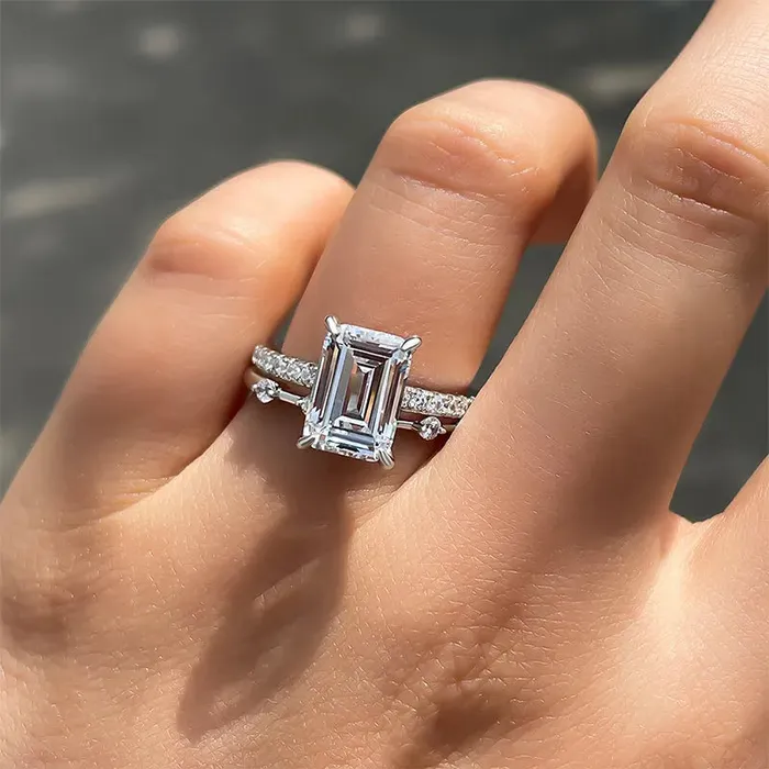 shineofdiamond Rings 2PCS Emerald Cut Bridal Set Rings In Sterling Silver