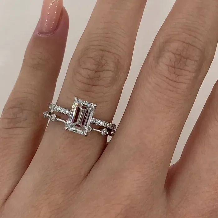 shineofdiamond Rings 2PCS Emerald Cut Bridal Set Rings In Sterling Silver