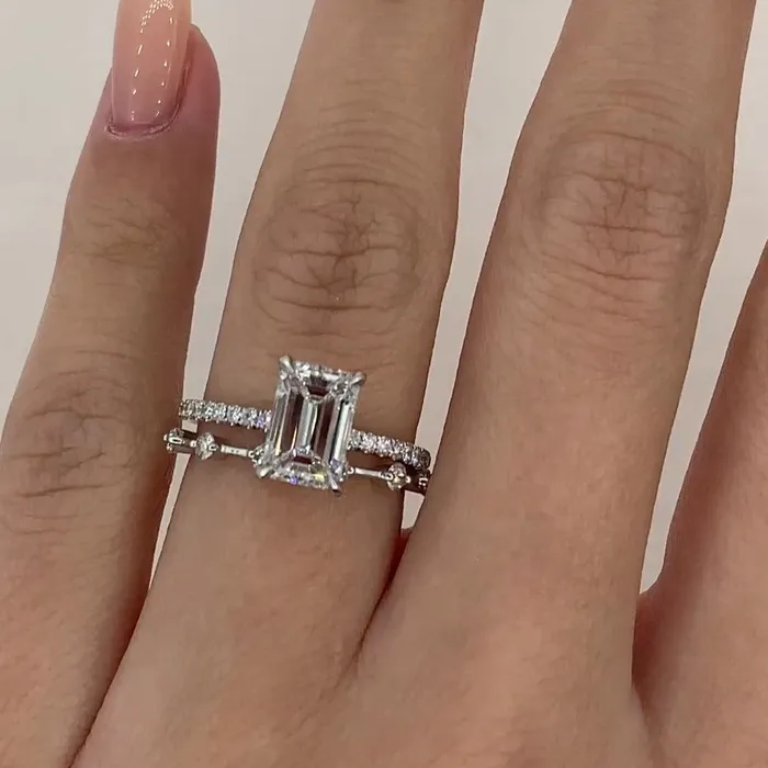 shineofdiamond Rings 2PCS Emerald Cut Bridal Set Rings In Sterling Silver