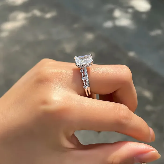 shineofdiamond Rings 2PCS Emerald Cut Bridal Set Rings In Sterling Silver