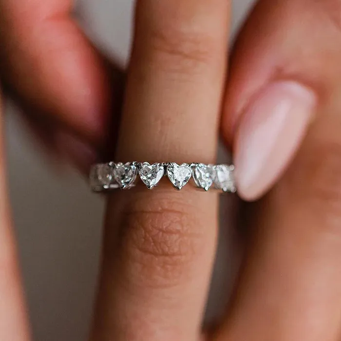 Shineofdiamond Rings Unique Design Full Heart Cut Wedding Band In Sterling Silver