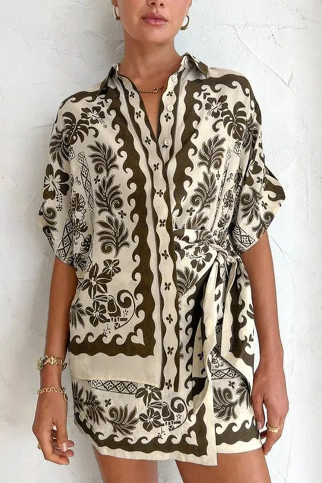 UNISHE Earrings Brown Tropical Print Button Up Shirt and Skirt Set