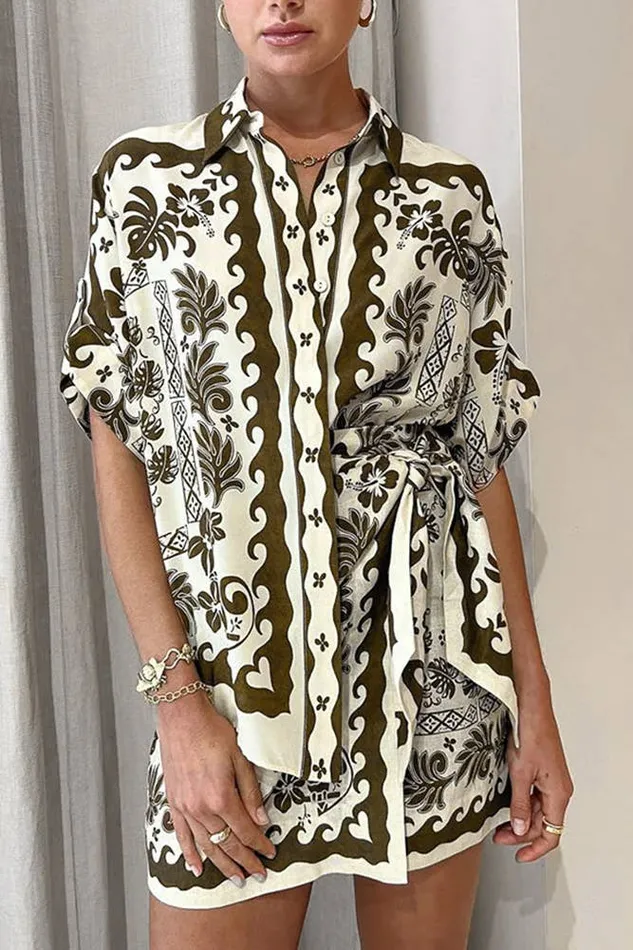 UNISHE Earrings Brown Tropical Print Button Up Shirt and Skirt Set UNISHE Earrings Brown Tropical Print Button Up Shirt and Skirt Set