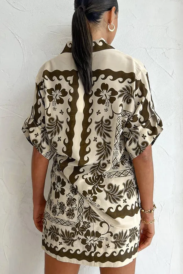 UNISHE Earrings Brown Tropical Print Button Up Shirt and Skirt Set UNISHE Earrings Brown Tropical Print Button Up Shirt and Skirt Set