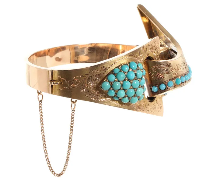 Bell Bird Antiques Bracelets Victorian Gold and Turquoise Heart and Ribbon Bangle