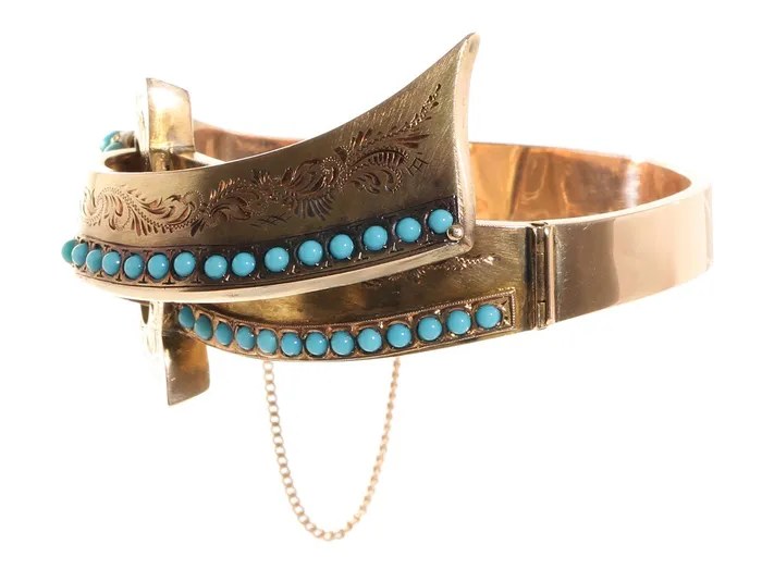Bell Bird Antiques Bracelets Victorian Gold and Turquoise Heart and Ribbon Bangle