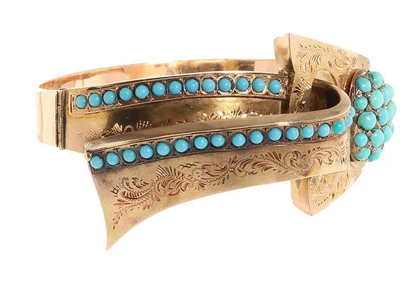 Bell Bird Antiques Bracelets Victorian Gold and Turquoise Heart and Ribbon Bangle