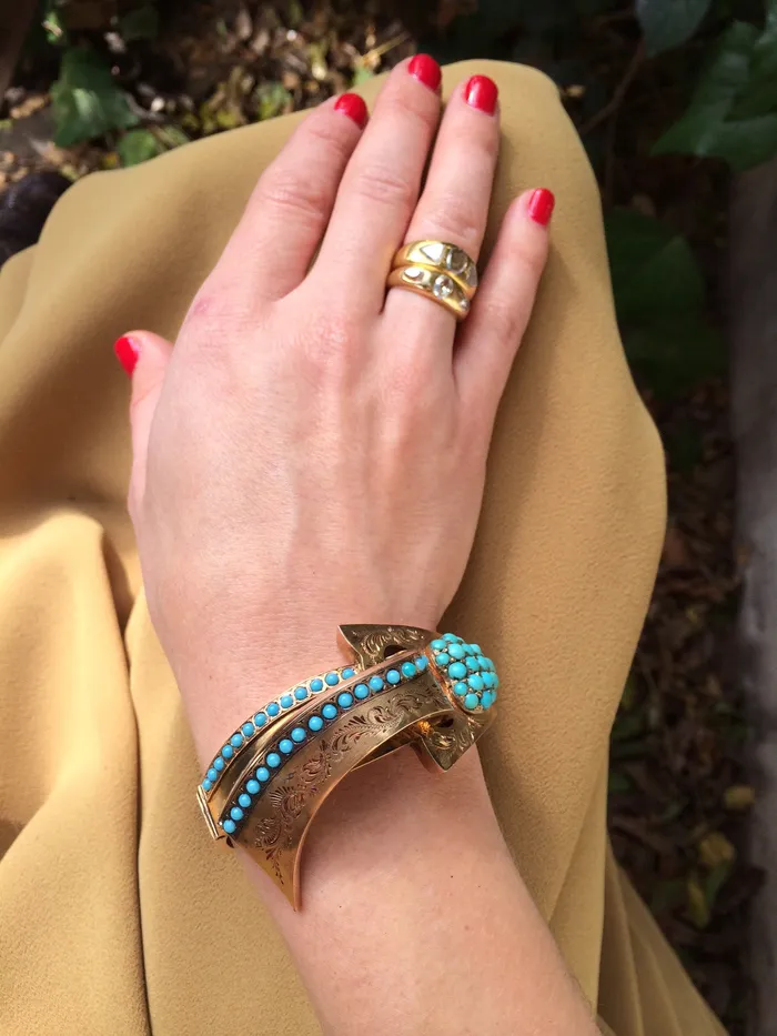 Bell Bird Antiques Bracelets Victorian Gold and Turquoise Heart and Ribbon Bangle