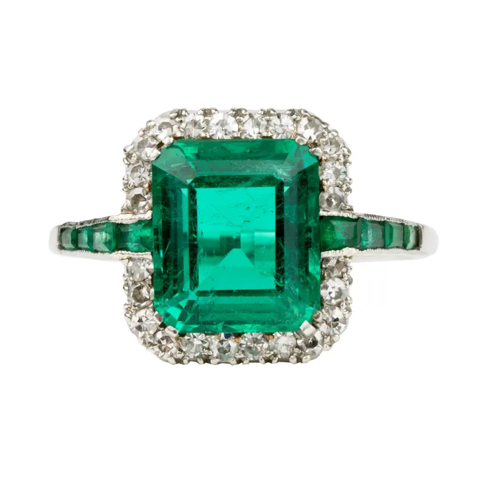 Bell Bird Antiques Rings Art Deco Columbian Emerald and Diamond Ring