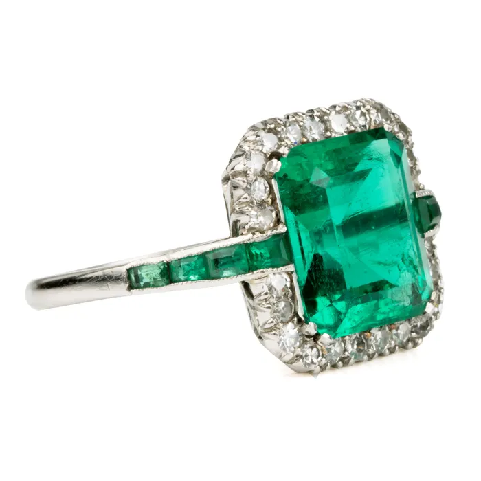 Bell Bird Antiques Rings Art Deco Columbian Emerald and Diamond Ring