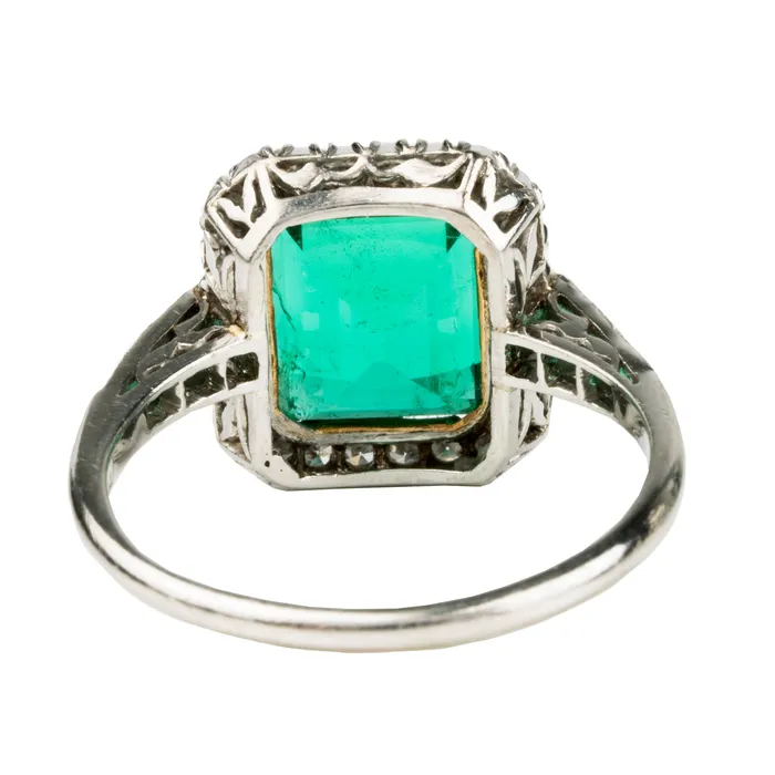 Bell Bird Antiques Rings Art Deco Columbian Emerald and Diamond Ring