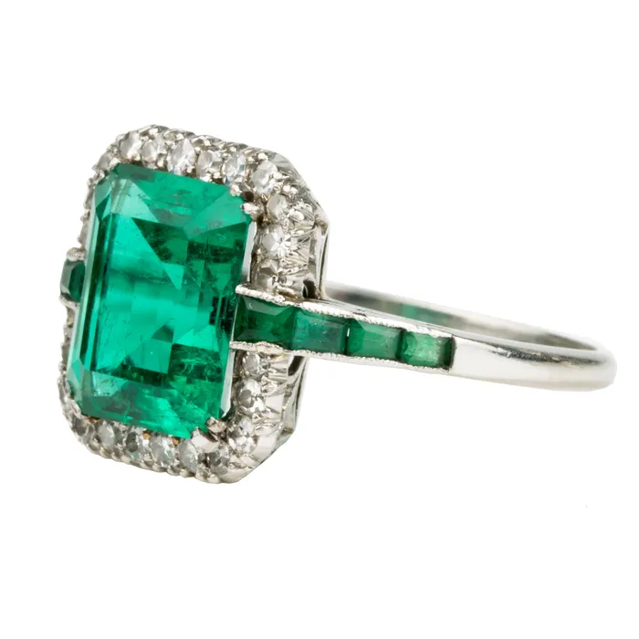 Bell Bird Antiques Rings Art Deco Columbian Emerald and Diamond Ring