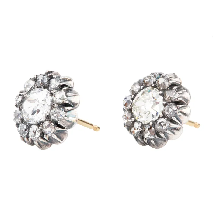 Earrings Bell Bird Antiques Victorian Era Old Mine Cut Diamond Cluster Earrings