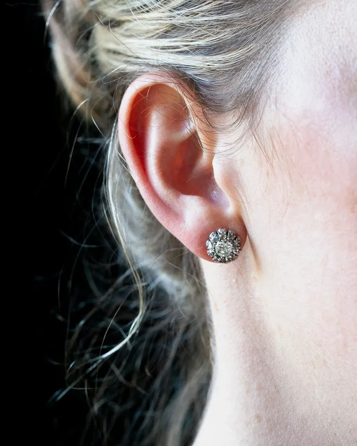 Earrings Bell Bird Antiques Victorian Era Old Mine Cut Diamond Cluster Earrings