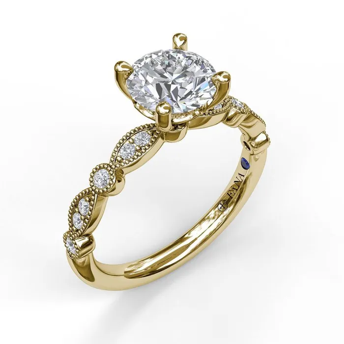 FANA Rings Classic Diamond Engagement Ring with Detailed Milgrain Band
