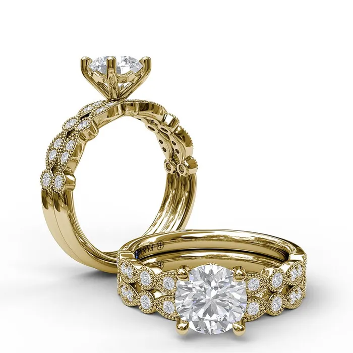 FANA Rings Classic Diamond Engagement Ring with Detailed Milgrain Band