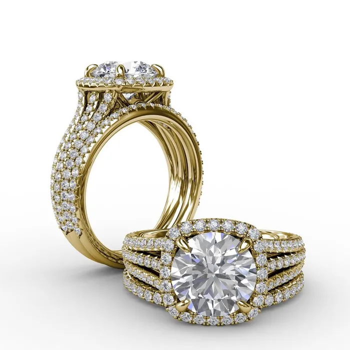 FANA Rings Round Diamond Engagement Ring With CushionShaped Halo and TripleRow Diamond Band FANA Rings Round Diamond Engagement Ring With CushionShaped Halo and TripleRow Diamond Band