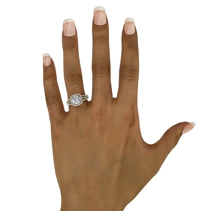 FANA Rings Round Diamond Engagement Ring With CushionShaped Halo and TripleRow Diamond Band FANA Rings Round Diamond Engagement Ring With CushionShaped Halo and TripleRow Diamond Band