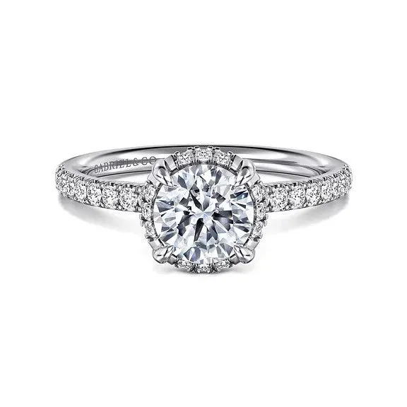 GABRIEL CO Rings Suede 14K White Gold Round Hidden Halo Diamond Engagement Ring Setting Only