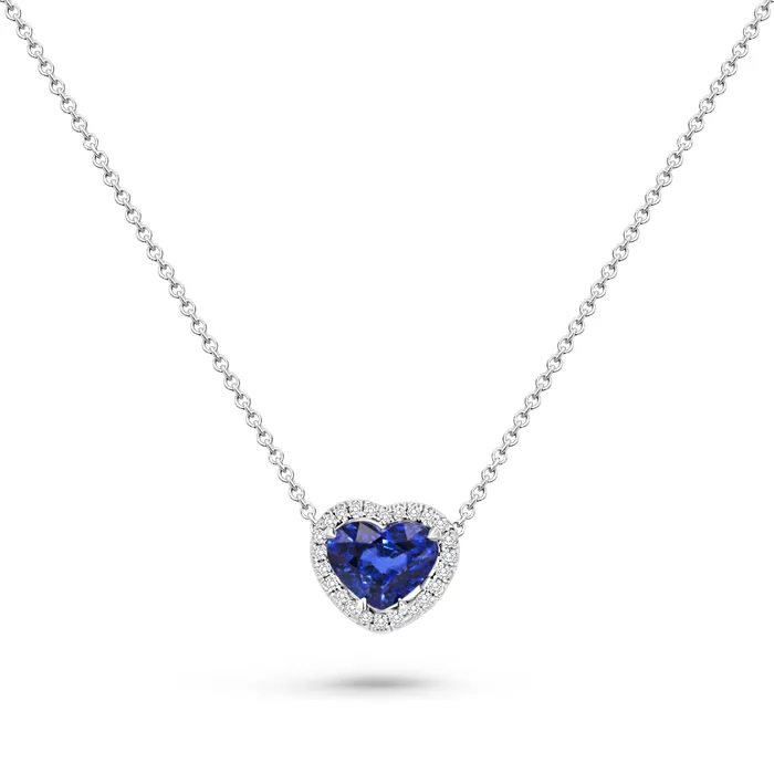 Necklaces Heart Shape Blue Sapphire Diamond Halo Pendant Polachecks Collection Necklaces Heart Shape Blue Sapphire Diamond Halo Pendant Polachecks Collection