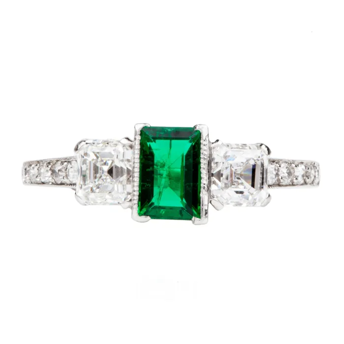 Rings Bell Bird Antiques Art Deco Tiffany Co Emerald and Diamond three stone Ring