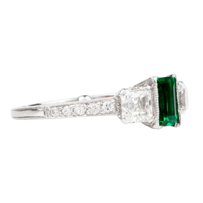Rings Bell Bird Antiques Art Deco Tiffany Co Emerald and Diamond three stone Ring