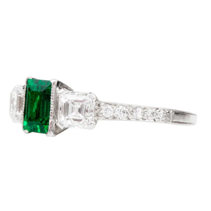 Rings Bell Bird Antiques Art Deco Tiffany Co Emerald and Diamond three stone Ring