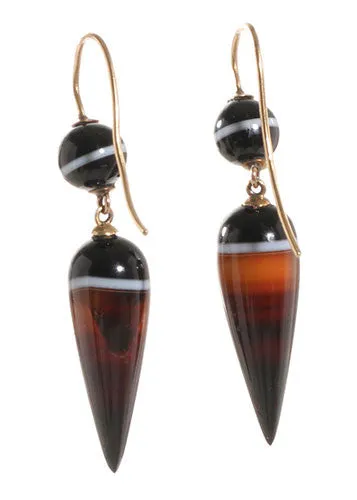 Victorian Banded Agate Elongated Teardrop Earrings Bell Bird Antiques Earrings