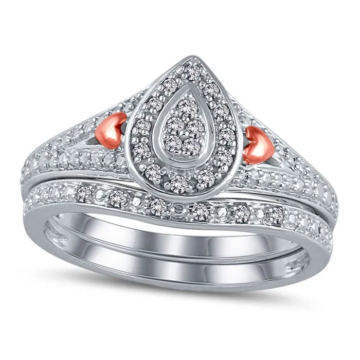 010 CT TW Composite Natural Diamond Pear Frame with Side Hearts Bridal Engagement Ring Set in Sterling Silver and Solid 14K Rose Gold Goldia Rings 010 CT TW Composite Natural Diamond Pear Frame with Side Hearts Bridal Engagement Ring Set in Sterling Silver and Solid 14K Rose Gold Goldia Rings