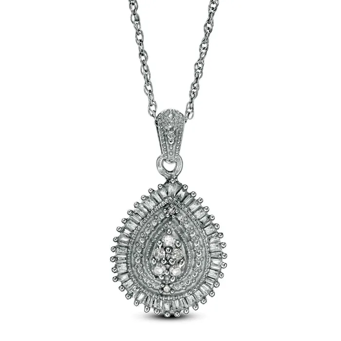 033 CT TW Composite Baguette and Round Natural Diamond PearShaped Frame Pendant in 10K White Gold Goldia Necklaces 033 CT TW Composite Baguette and Round Natural Diamond PearShaped Frame Pendant in 10K White Gold Goldia Necklaces