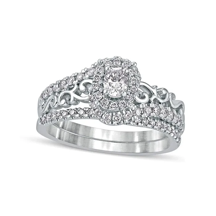 063 CT TW Oval Natural Diamond Frame Filigree Bypass Bridal Engagement Ring Set in Solid 10K White Gold Goldia Rings 063 CT TW Oval Natural Diamond Frame Filigree Bypass Bridal Engagement Ring Set in Solid 10K White Gold Goldia Rings