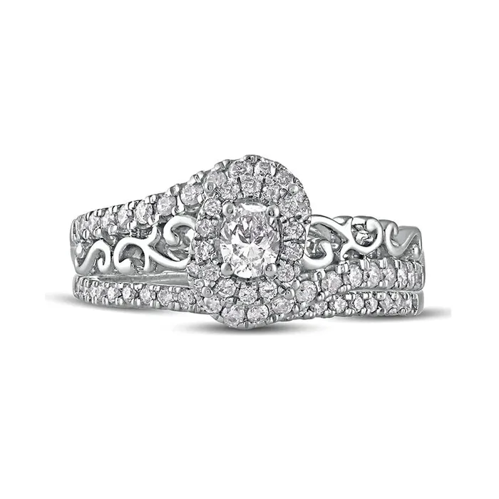 063 CT TW Oval Natural Diamond Frame Filigree Bypass Bridal Engagement Ring Set in Solid 10K White Gold Goldia Rings 063 CT TW Oval Natural Diamond Frame Filigree Bypass Bridal Engagement Ring Set in Solid 10K White Gold Goldia Rings