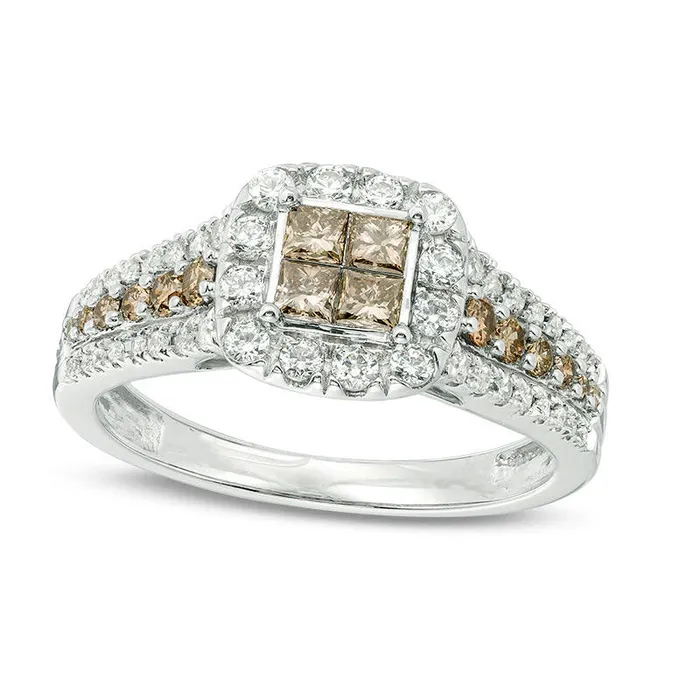 10 CT TW Champagne and White Quad PrincessCut Natural Diamond Frame Engagement Ring in Solid 10K White Gold Goldia Rings 10 CT TW Champagne and White Quad PrincessCut Natural Diamond Frame Engagement Ring in Solid 10K White Gold Goldia Rings