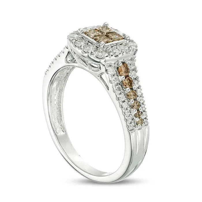 10 CT TW Champagne and White Quad PrincessCut Natural Diamond Frame Engagement Ring in Solid 10K White Gold Goldia Rings 10 CT TW Champagne and White Quad PrincessCut Natural Diamond Frame Engagement Ring in Solid 10K White Gold Goldia Rings