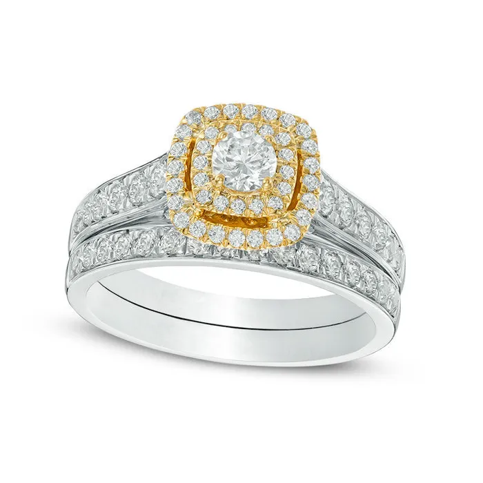 10 CT TW Natural Diamond Double Cushion Frame Bridal Engagement Ring Set in Solid 10K TwoTone Gold Goldia Rings 10 CT TW Natural Diamond Double Cushion Frame Bridal Engagement Ring Set in Solid 10K TwoTone Gold Goldia Rings
