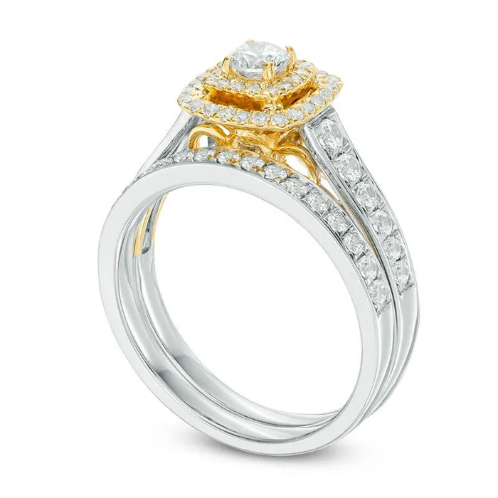 10 CT TW Natural Diamond Double Cushion Frame Bridal Engagement Ring Set in Solid 10K TwoTone Gold Goldia Rings 10 CT TW Natural Diamond Double Cushion Frame Bridal Engagement Ring Set in Solid 10K TwoTone Gold Goldia Rings