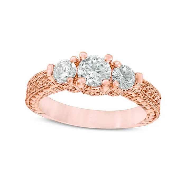 10 CT TW Natural Diamond Three Stone Antique VintageStyle Engagement Ring in Solid 14K Rose Gold Goldia Rings 10 CT TW Natural Diamond Three Stone Antique VintageStyle Engagement Ring in Solid 14K Rose Gold Goldia Rings