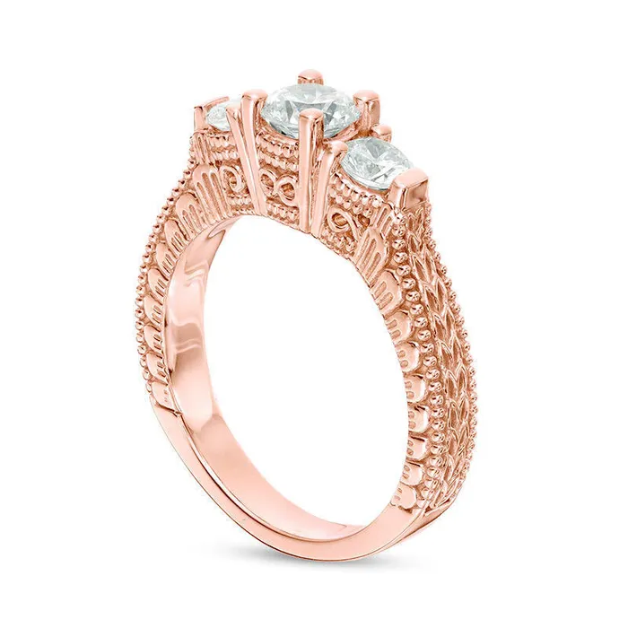 10 CT TW Natural Diamond Three Stone Antique VintageStyle Engagement Ring in Solid 14K Rose Gold Goldia Rings 10 CT TW Natural Diamond Three Stone Antique VintageStyle Engagement Ring in Solid 14K Rose Gold Goldia Rings
