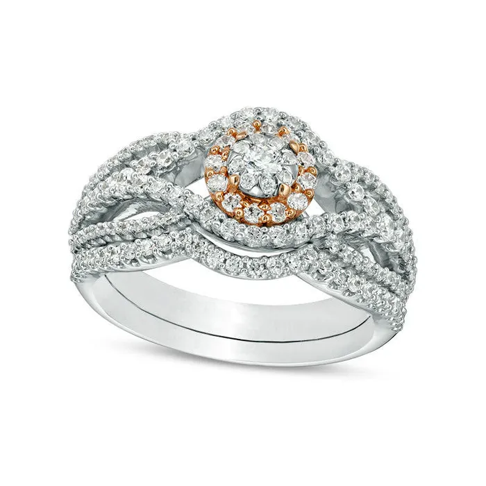 117 CT TW Natural Diamond Frame Bypass Bridal Engagement Ring Set in Solid 10K TwoTone Gold Goldia Rings 117 CT TW Natural Diamond Frame Bypass Bridal Engagement Ring Set in Solid 10K TwoTone Gold Goldia Rings
